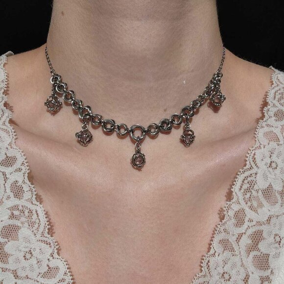 Gothic fairy purple caged pearl chainmail choker necklace with a small silver ch - Picture 7 of 7
